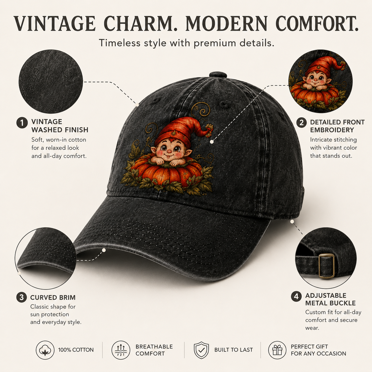 Vintage Pumpkin Gnome Embroidered Baseball Cap | Washed Adjustable Fall Hat