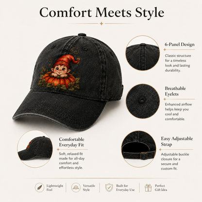 Vintage Pumpkin Gnome Embroidered Baseball Cap | Washed Adjustable Fall Hat