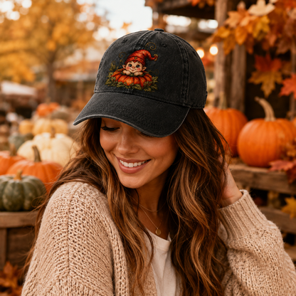 Vintage Pumpkin Gnome Embroidered Baseball Cap | Washed Adjustable Fall Hat