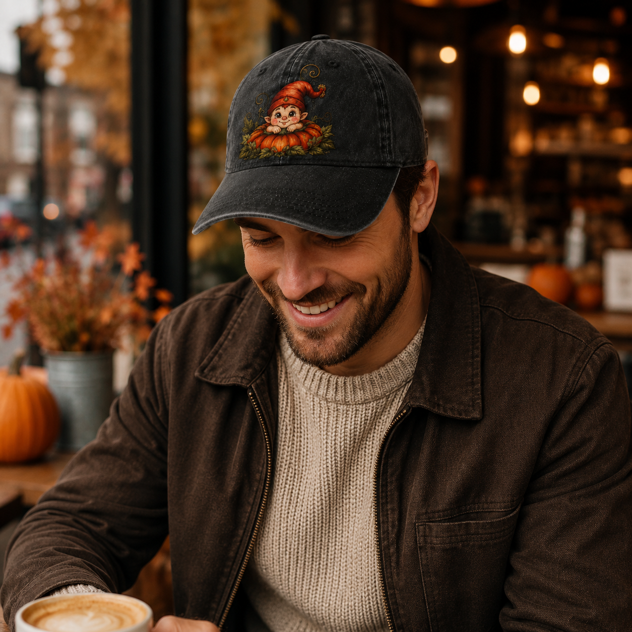 Vintage Pumpkin Gnome Embroidered Baseball Cap | Washed Adjustable Fall Hat