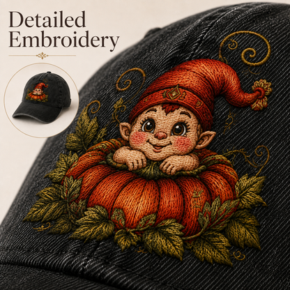 Vintage Pumpkin Gnome Embroidered Baseball Cap | Washed Adjustable Fall Hat