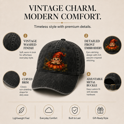 Vintage Pumpkin Gnome Embroidered Baseball Cap | Washed Adjustable Fall Hat