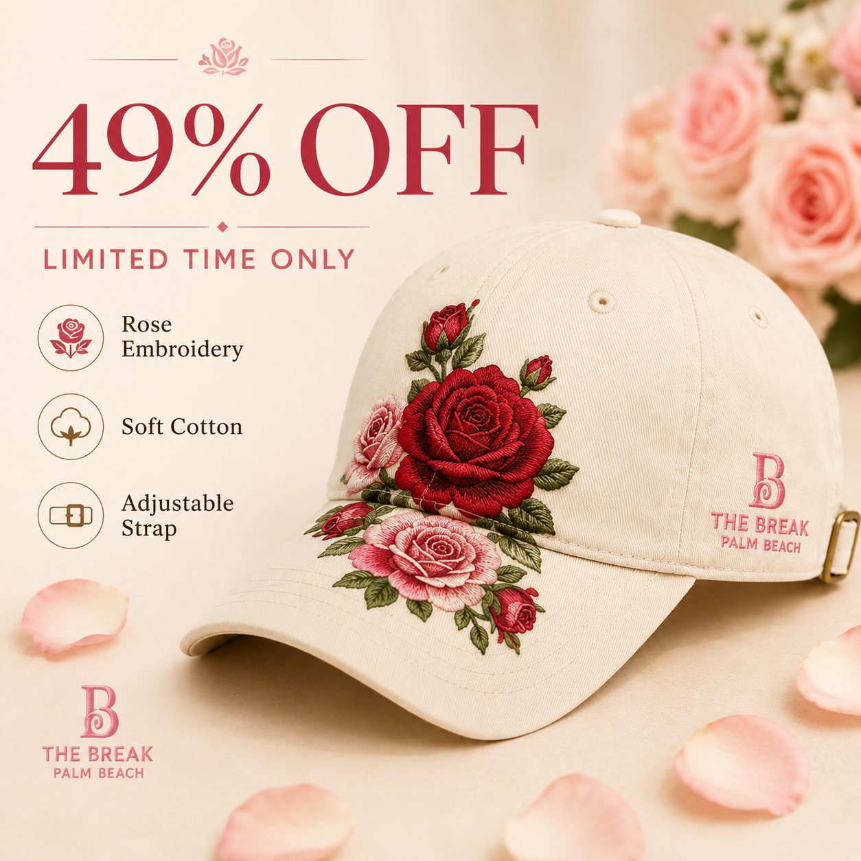Rose Embroidered Baseball Cap for Women | Vintage Floral Adjustable Hat