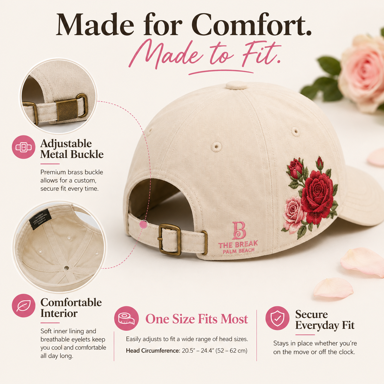 Rose Embroidered Baseball Cap for Women | Vintage Floral Adjustable Hat