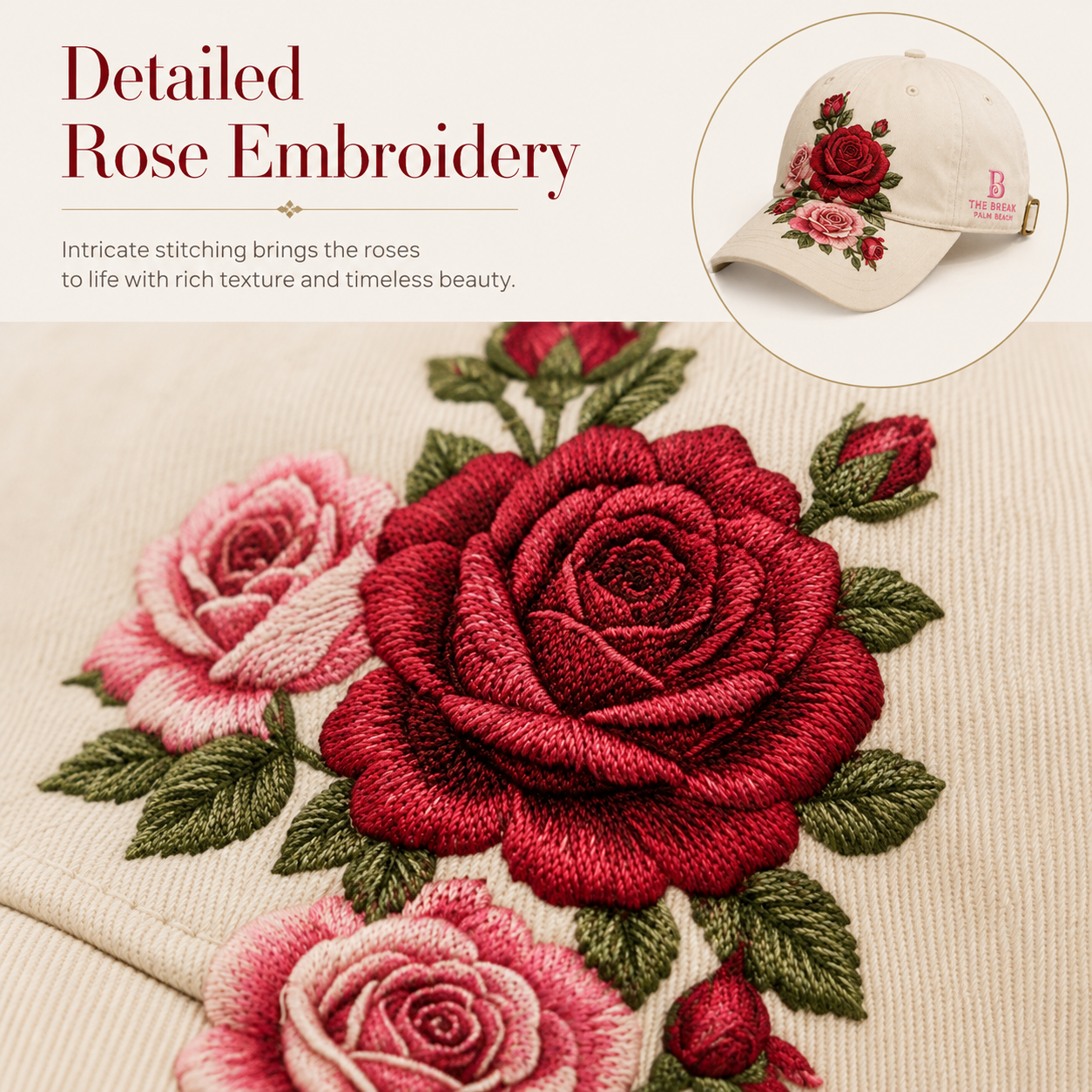 Rose Embroidered Baseball Cap for Women | Vintage Floral Adjustable Hat