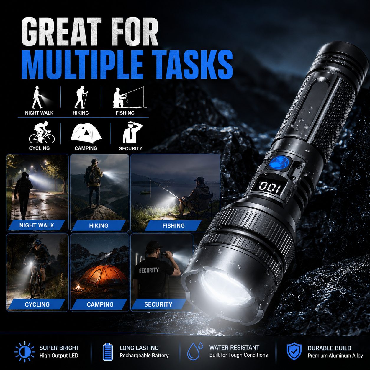 Hochleistungs-Akku-Zoom-Taschenlampe | USB Outdoor LED-Taschenlampe