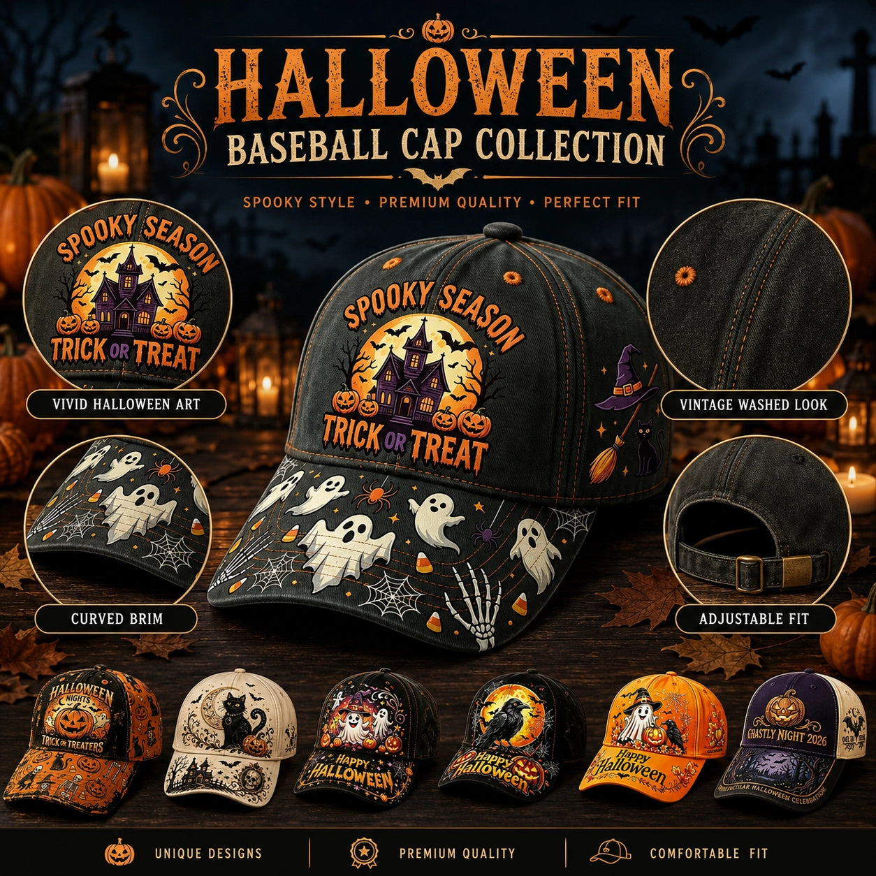 Bestickte Halloween Baseballkappe | Vintage Grusel Herbstmütze