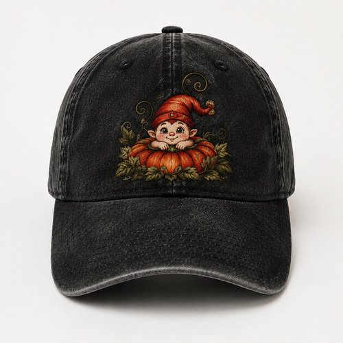 Vintage Pumpkin Gnome Embroidered Baseball Cap | Washed Adjustable Fall Hat