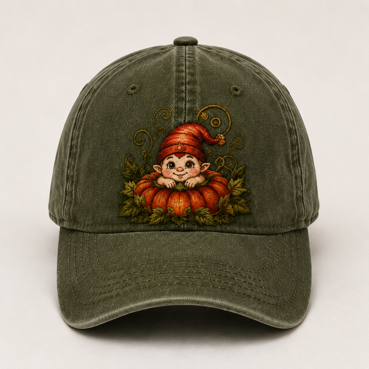 Vintage Pumpkin Gnome Embroidered Baseball Cap | Washed Adjustable Fall Hat