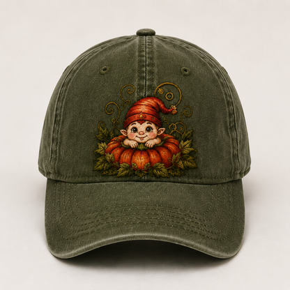 Vintage Pumpkin Gnome Embroidered Baseball Cap | Washed Adjustable Fall Hat