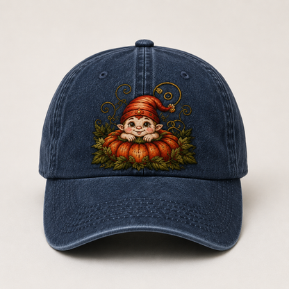 Vintage Pumpkin Gnome Embroidered Baseball Cap | Washed Adjustable Fall Hat