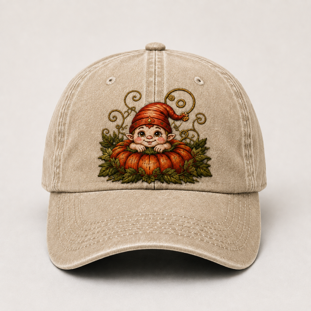 Vintage Pumpkin Gnome Embroidered Baseball Cap | Washed Adjustable Fall Hat