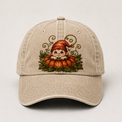 Vintage Pumpkin Gnome Embroidered Baseball Cap | Washed Adjustable Fall Hat