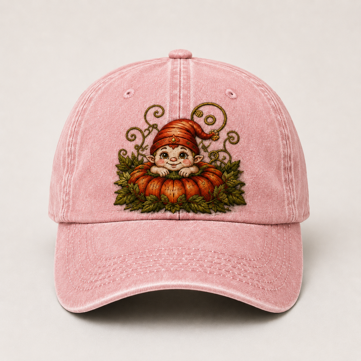 Vintage Pumpkin Gnome Embroidered Baseball Cap | Washed Adjustable Fall Hat