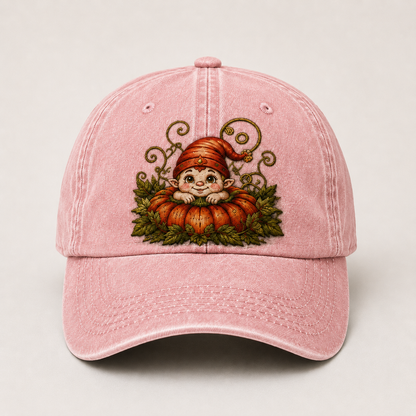 Vintage Pumpkin Gnome Embroidered Baseball Cap | Washed Adjustable Fall Hat