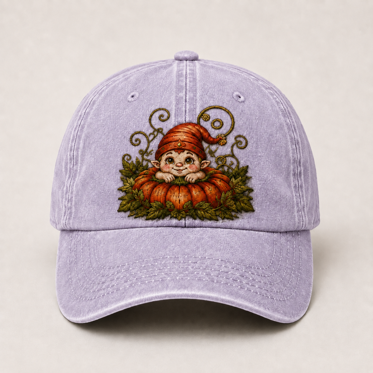 Vintage Pumpkin Gnome Embroidered Baseball Cap | Washed Adjustable Fall Hat