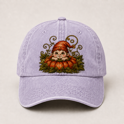 Vintage Pumpkin Gnome Embroidered Baseball Cap | Washed Adjustable Fall Hat