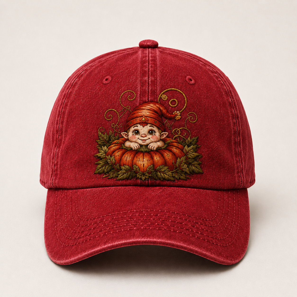 Vintage Pumpkin Gnome Embroidered Baseball Cap | Washed Adjustable Fall Hat