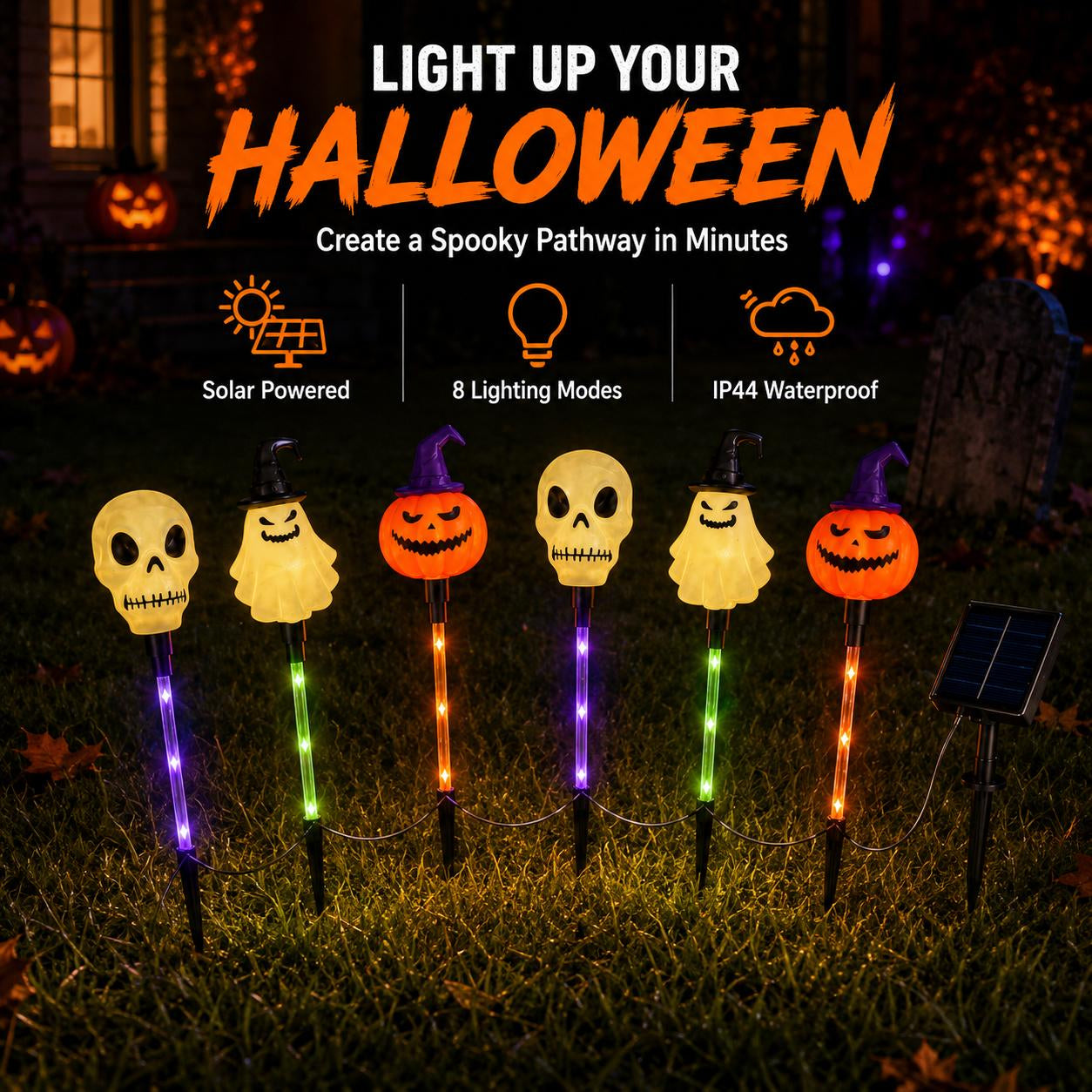【🎃Halloween Sale🎃】6-Pack Solar Halloween Pathway Lights – Ghost, Pumpkin & Skeleton Yard Stakes