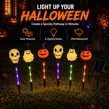 【🎃Halloween Sale🎃】6-Pack Solar Halloween Pathway Lights – Ghost, Pumpkin & Skeleton Yard Stakes