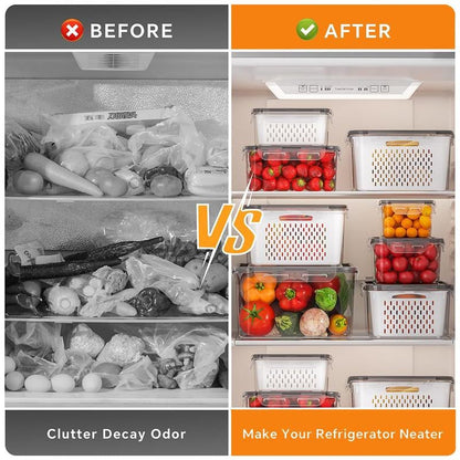 Fruit & Vegetable Storage Container with Drain Basket | Refrigerator Organizer Box for Fresh Food