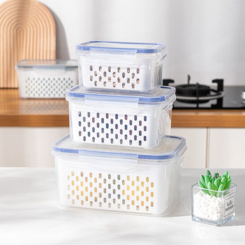Fruit & Vegetable Storage Container with Drain Basket | Refrigerator Organizer Box for Fresh Food