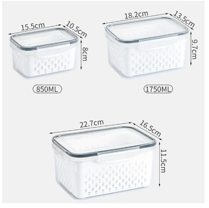 Fruit & Vegetable Storage Container with Drain Basket | Refrigerator Organizer Box for Fresh Food
