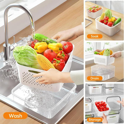 Fruit & Vegetable Storage Container with Drain Basket | Refrigerator Organizer Box for Fresh Food