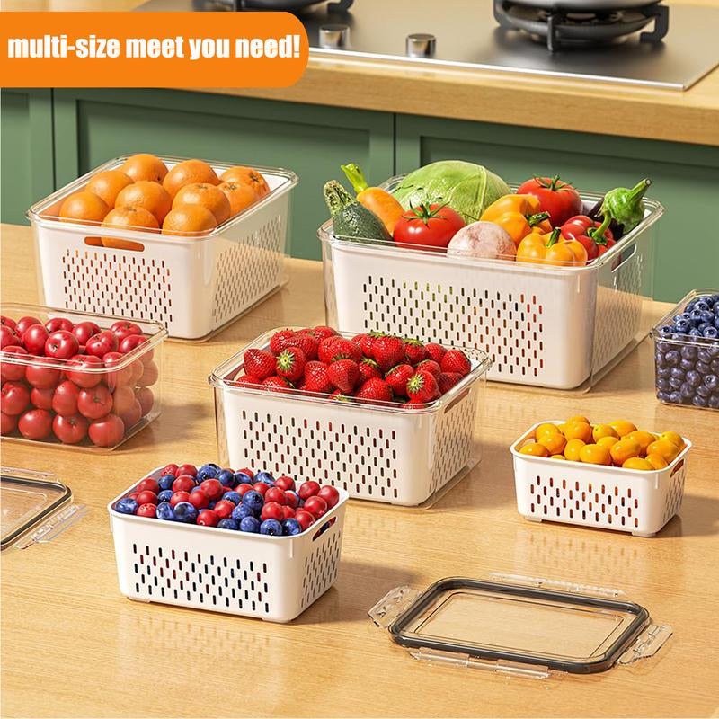 Fruit & Vegetable Storage Container with Drain Basket | Refrigerator Organizer Box for Fresh Food