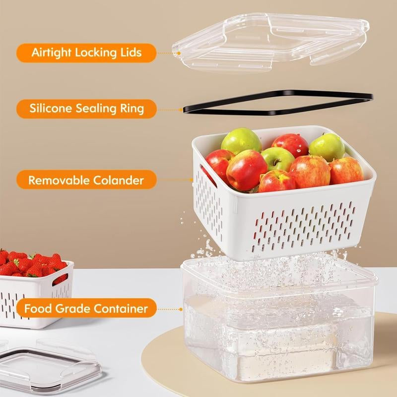 Fruit & Vegetable Storage Container with Drain Basket | Refrigerator Organizer Box for Fresh Food