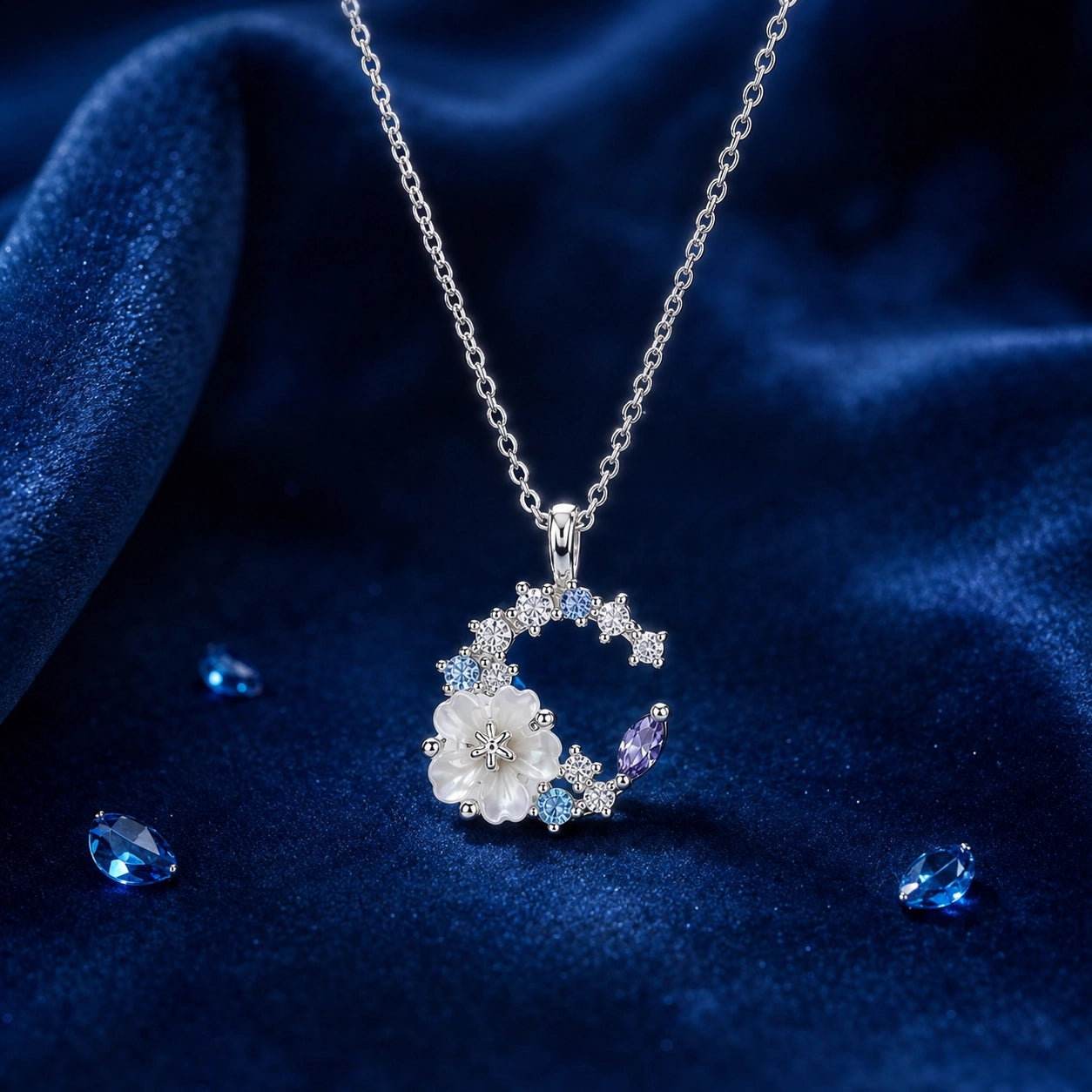 Moonflower Crystal Necklace | 18K White Gold Plated Sterling Silver