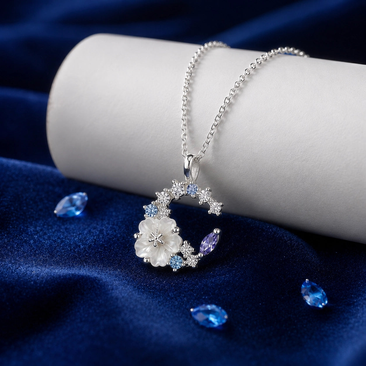 Moonflower Crystal Necklace | 18K White Gold Plated Sterling Silver
