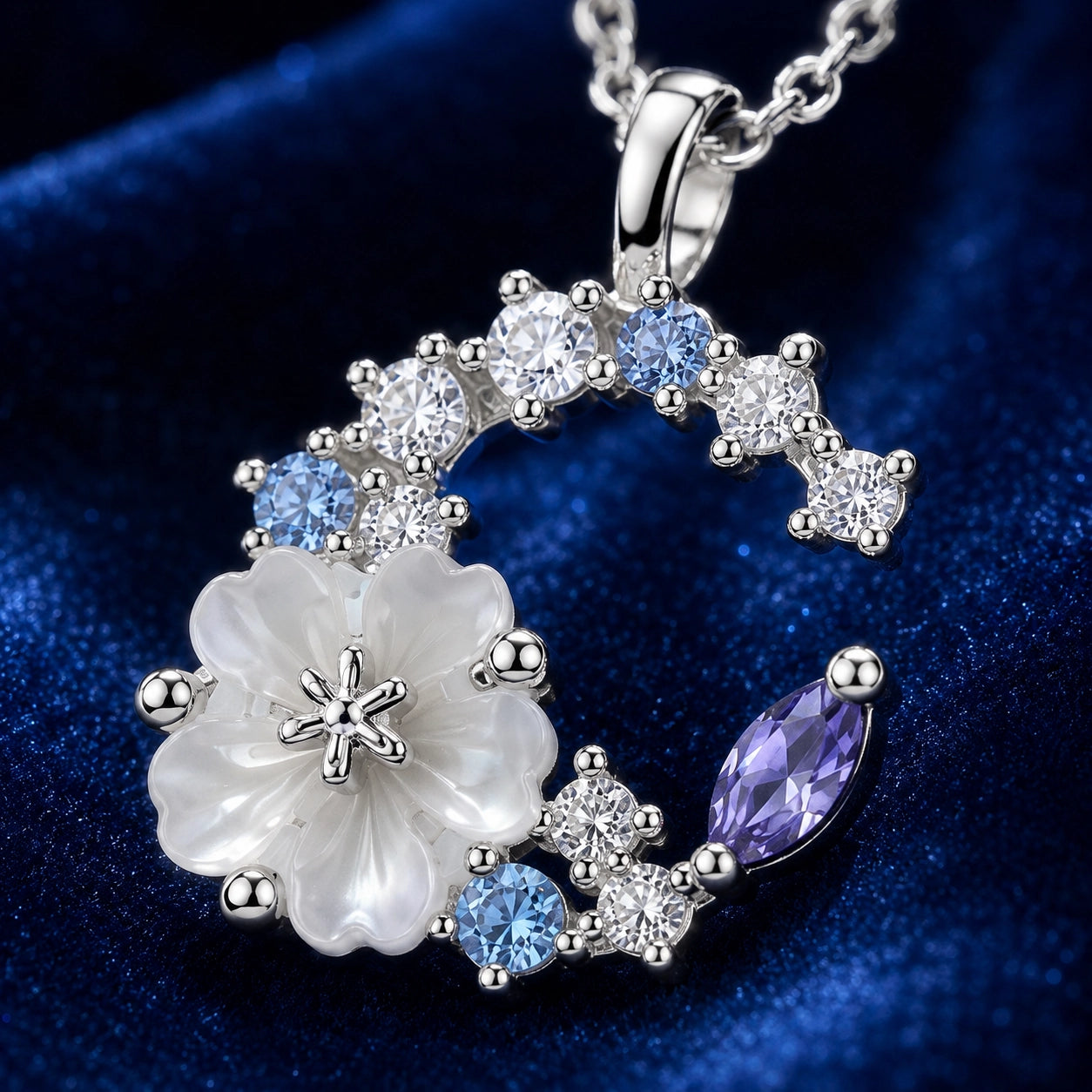 Moonflower Crystal Necklace | 18K White Gold Plated Sterling Silver