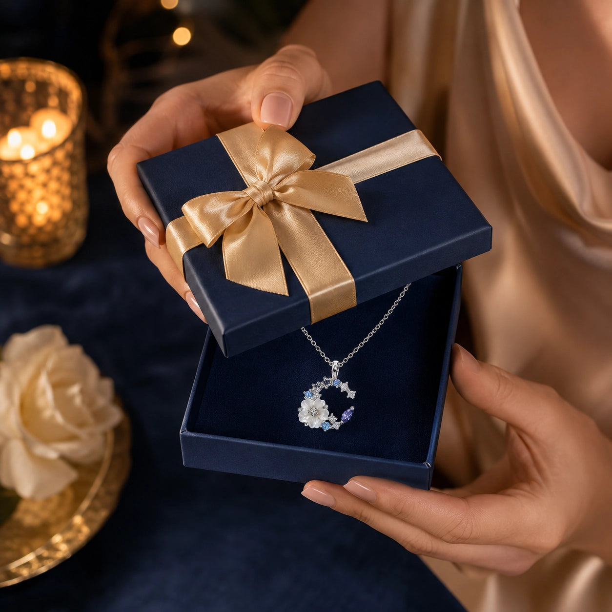 Moonflower Crystal Necklace | 18K White Gold Plated Sterling Silver