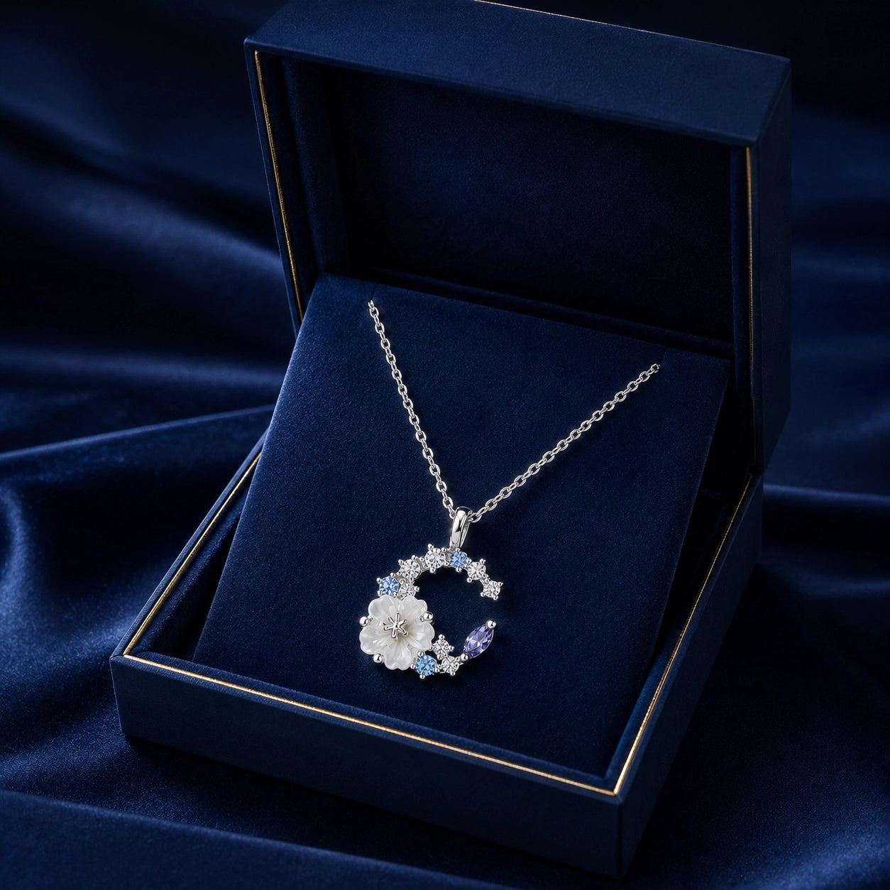 Moonflower Crystal Necklace | 18K White Gold Plated Sterling Silver