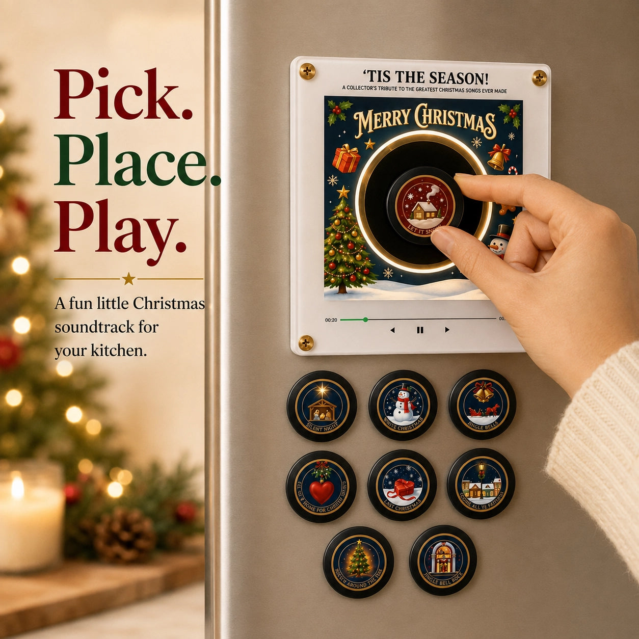Christmas Music Fridge Magnet Player | 9 Mini Vinyl Records