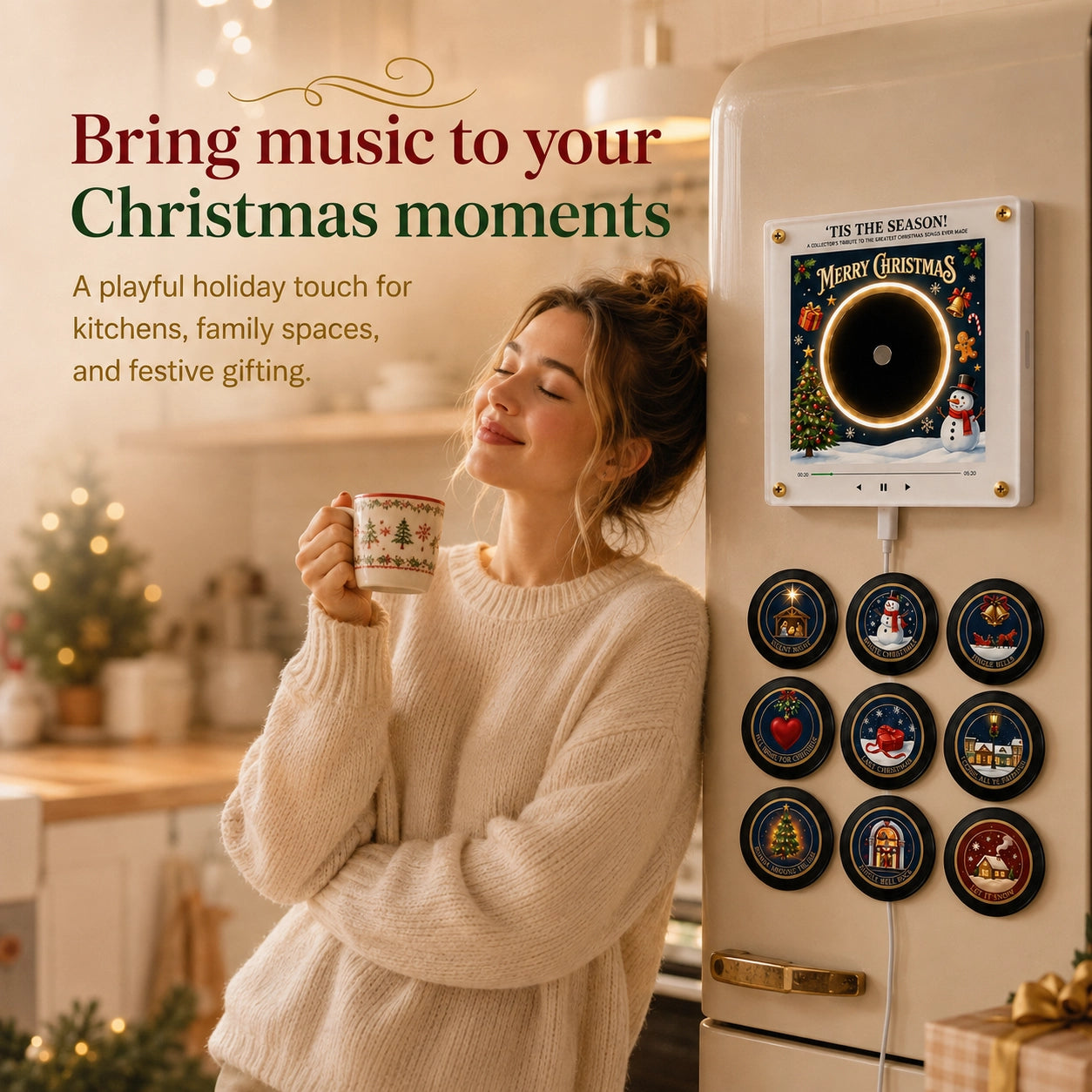 Christmas Music Fridge Magnet Player | 9 Mini Vinyl Records