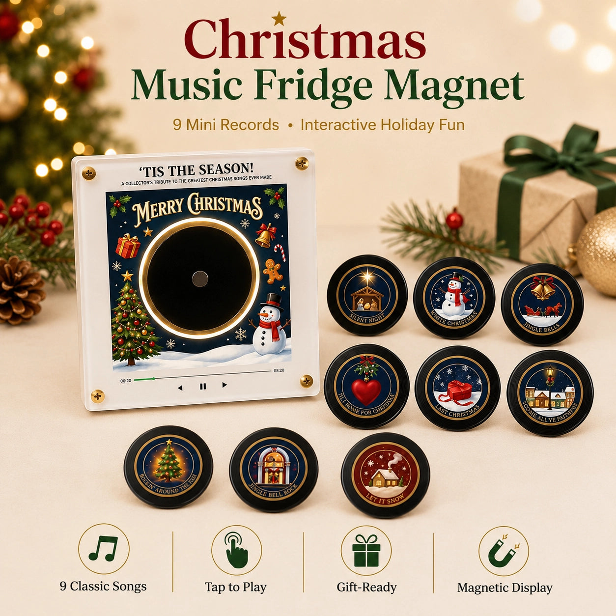 Christmas Music Fridge Magnet Player | 9 Mini Vinyl Records
