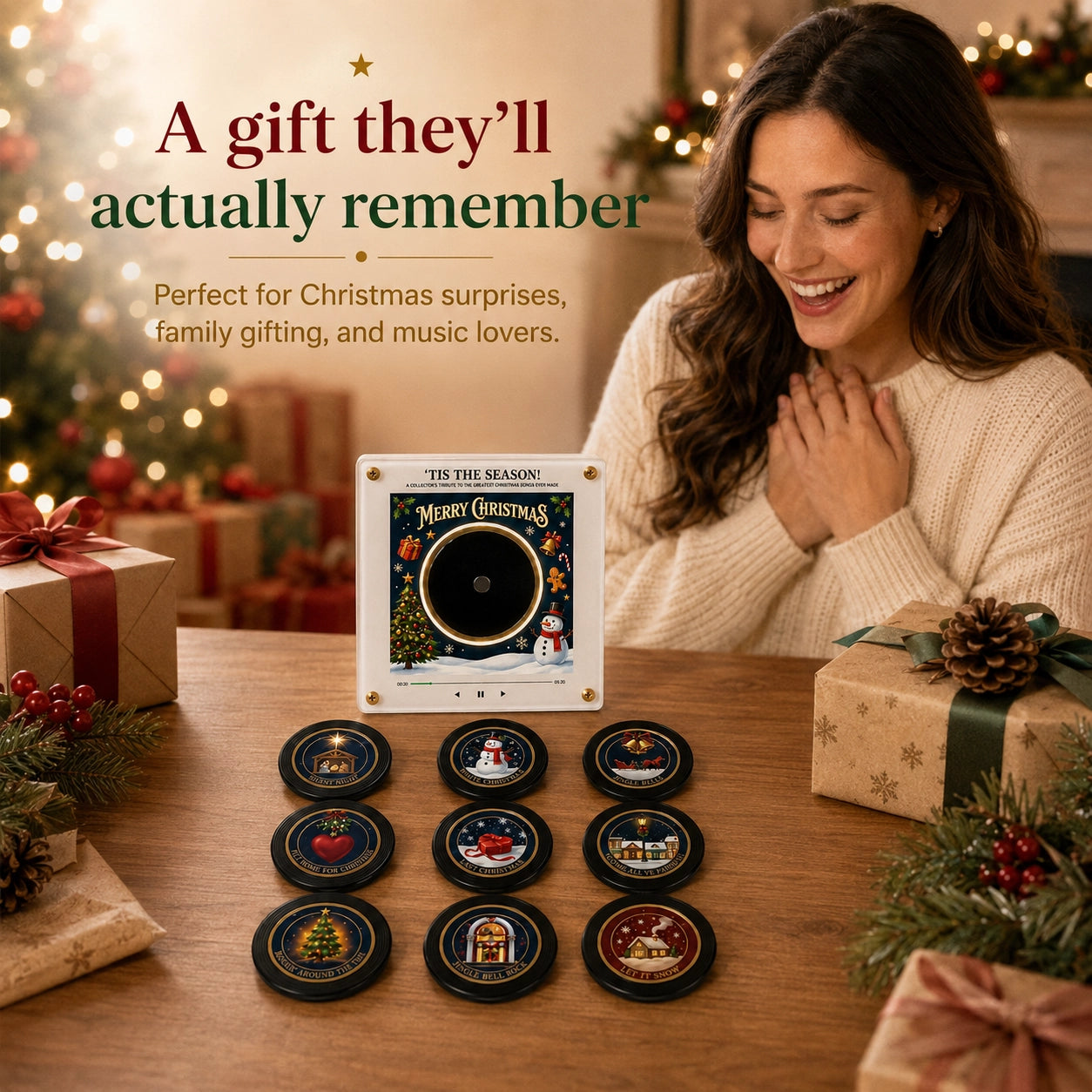 Christmas Music Fridge Magnet Player | 9 Mini Vinyl Records