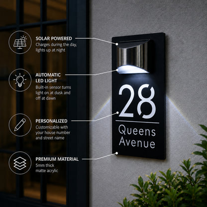 Personalized Solar House Number Sign | Modern LED Address Plaque for Front Door
