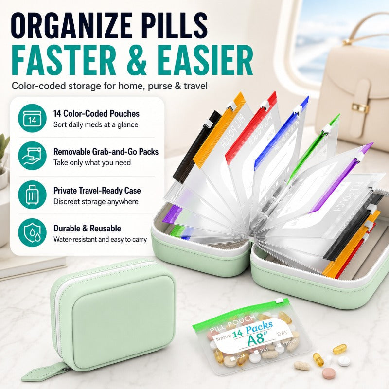 Portable Weekly Pill Organizer Binder | Removable Travel Medicine Pouches