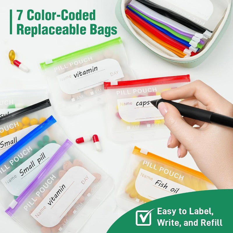 Portable Weekly Pill Organizer Binder | Removable Travel Medicine Pouches