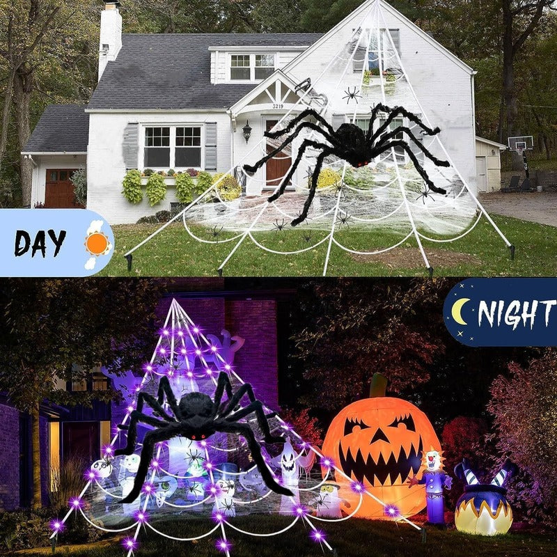 【🎃Halloween sale🎃】Halloween Spider Web Lights Outdoor | LED Spider Web Decoration With Glowing Spider For Yard & Party Decor