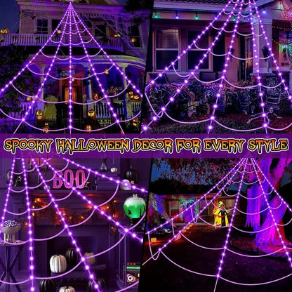 【🎃Halloween sale🎃】Halloween Spider Web Lights Outdoor | LED Spider Web Decoration With Glowing Spider For Yard & Party Decor