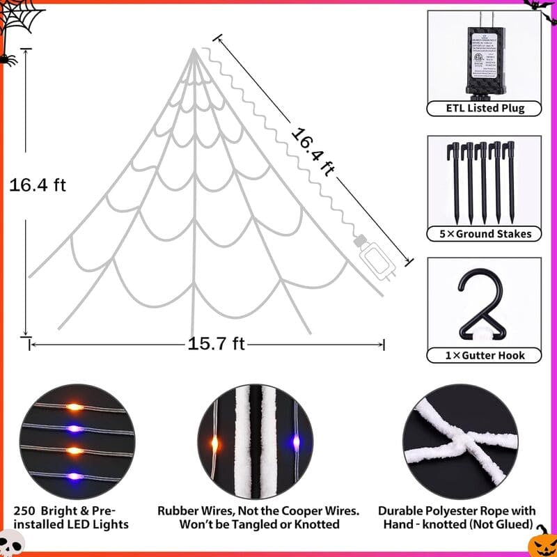 【🎃Halloween sale🎃】Halloween Spider Web Lights Outdoor | LED Spider Web Decoration With Glowing Spider For Yard & Party Decor