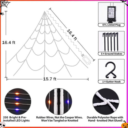 【🎃Halloween sale🎃】Halloween Spider Web Lights Outdoor | LED Spider Web Decoration With Glowing Spider For Yard & Party Decor