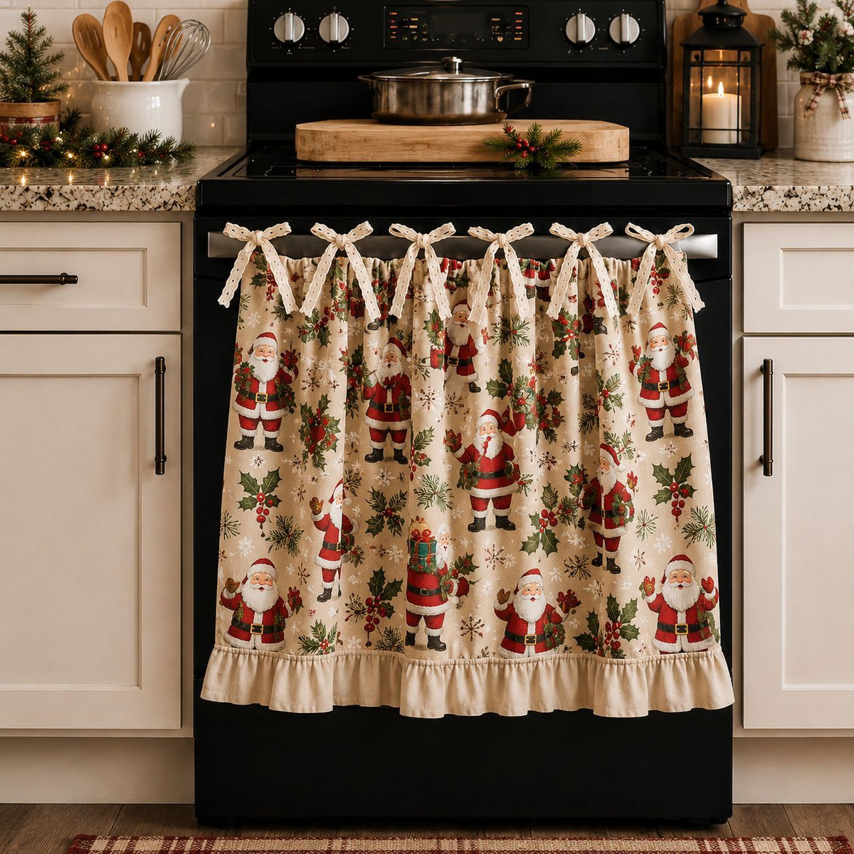 Beautiful Christmas Oven Protector, Holiday Kitchen Decor Gift for Mom, Cute Ruffled Appliance Cover