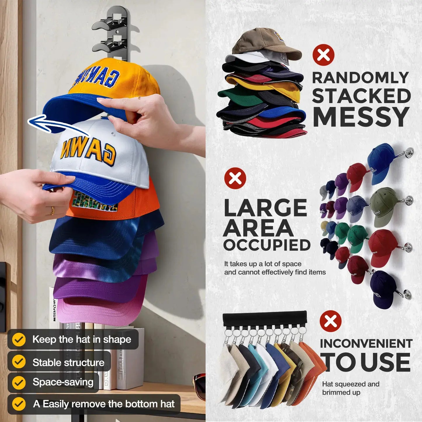 Wall Mounted Hat Rack for Baseball Caps | Space Saving Hat Organizer Holds 10 Hats for Closet & Bedroom
