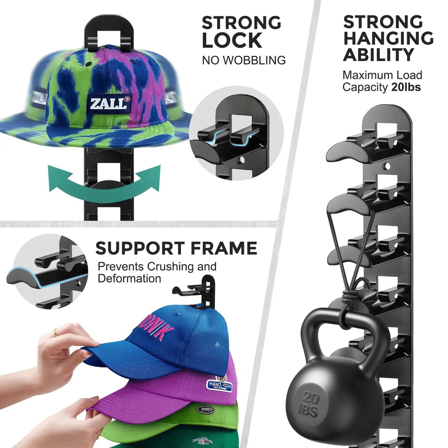 Wall Mounted Hat Rack for Baseball Caps | Space Saving Hat Organizer Holds 10 Hats for Closet & Bedroom