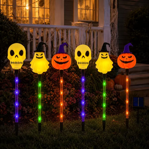 【🎃Halloween Sale🎃】6-Pack Solar Halloween Pathway Lights – Ghost, Pumpkin & Skeleton Yard Stakes